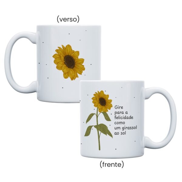 Caneca Cerâmica 325ml Branca • Girassol "Gire Para a Felicidade"