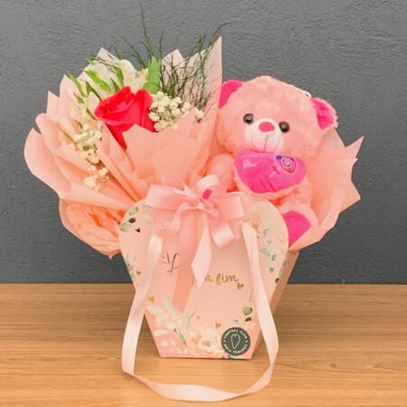 Cesta Ramalhete 1 Rosa Importada + Urso De Pelúcia 20cm Coração