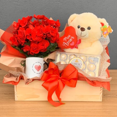 Cesta Begônia P15 Vermelha + Ferrero Rocher + Caneca Especial + Urso de Pelúcia + Cartão Você Ganhou Meu Coração