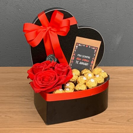 Box Coração 3 Rosas Importadas + 12x Ferrero Rocher + Cartão "Pra Sempre Vou Te Amar"