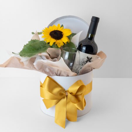 Box Muda Girassol P11 + Vinho Cordero 750ml + Taça de Vidro