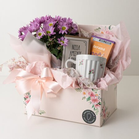 Cesta Mini Margarida P11 Rosa + Chocolate + Caneca + Cartão "Nossa amizade é para a vida toda"