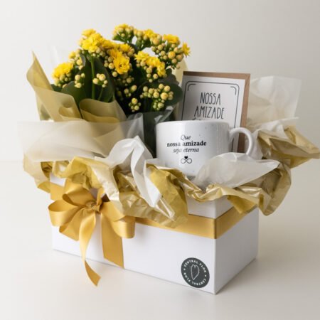 Cesta Muda Kalanchoe P11 Amarelo + Ferrero Rocher + Cartão + Caneca "Que nossa amizade seja eterna"