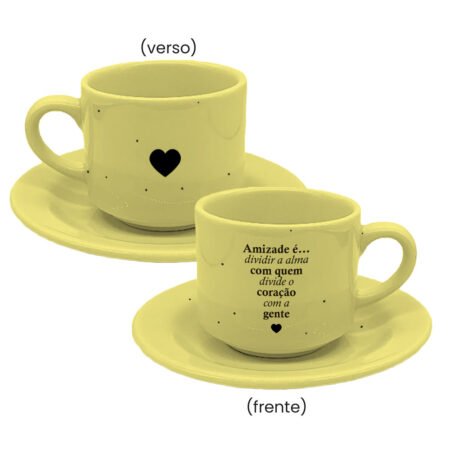 Caneca Cerâmica 180ml Empilhavel Amarela Com Pires • Amizade • Amizade...
