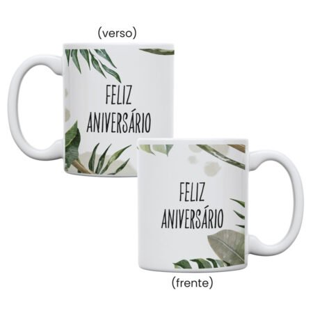 Caneca Cerâmica 325ml Reta Branca • Feliz Aniversário