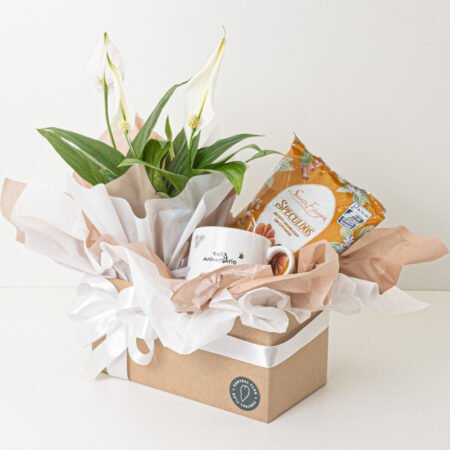 Cesta Lirio da Paz P11 + Biscoito Caramelizado 90g + Caneca "Feliz Aniversário"