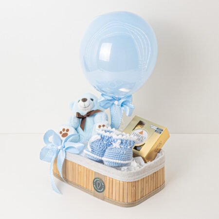 Cesta Urso de Pelúcia Azul + Sapatinho de Bebê + Ferrero Rocher 50g