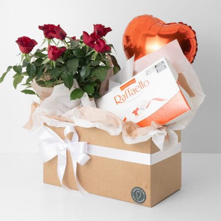 Cesta Mini Rosa P15 Vermelha + Ferrero Raffaello + Balão Coração 25cm