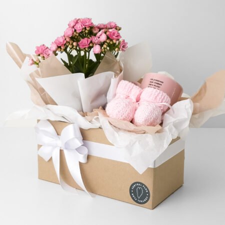 Cesta Muda Kalanchoe P11 Rosa + Caneca "Há Presentes Que Chegam Para Mudar" + Sapatinho De Bebe