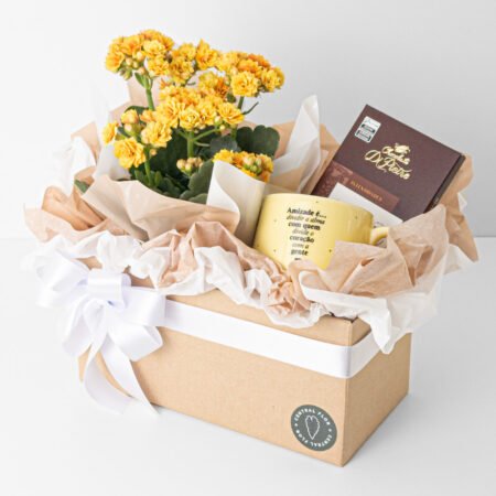 Cesta Muda Kalanchoe P11 Amarelo + Chocolate Amargo C/ Pistache Di Pietro + Caneca Com Pires "Amizade"