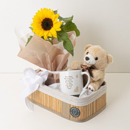 Cesta Girassol P11 + Urso Pelúcia + Caneca Cerâmica 180ml