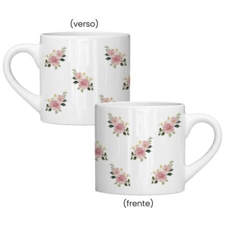 CANECA CERAMICA 180Ml RETA BRANCA GALHOS DE FLORES ROSAS
