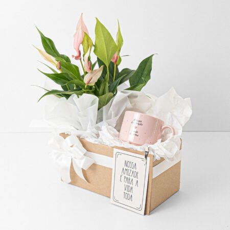 Cesta Antúrio P09 Rosa + Caneca Cerâmica 180ml + Cartão Amizade