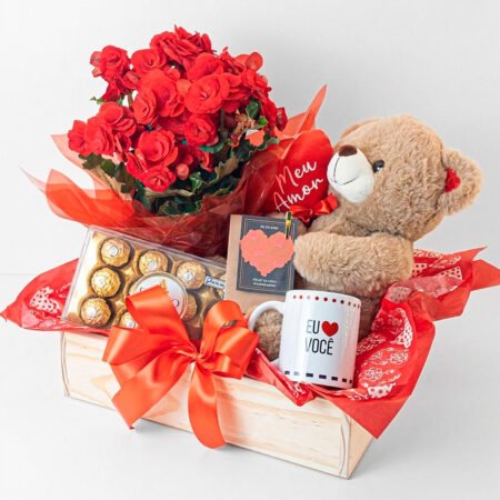 Cesta Begônia P15 Vermelha + Ferrero Rocher + Urso de Pelúcia + Caneca Cerâmica + Cartão Dia Dos Namorados 2026