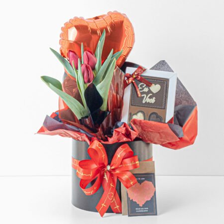 Cesta Tulipa P12 3 Bulbos + Pick Balão Metálico + Chocolate Di Pietro + Cartão- Dia Dos Namorados 2026