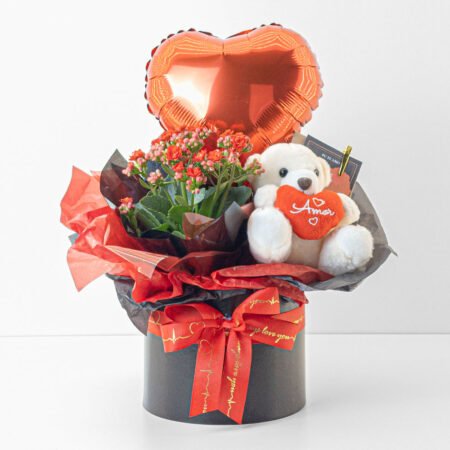 Cesta Kalanchoe P11 Vermelho + Pick Balão Metálico + Urso de Pelúcia + Cartão - Dia Dos Namorados 2026