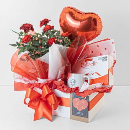 Cesta Mini Rosa P15 Vermelha + Ferrero Raffaello + Pick Balão Metálico + Caneca + Cartão - Dia Dos Namorados 2026