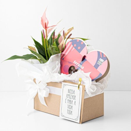 Cesta Antúrio P09 Rosa + Coração com Bits Crocantes + Cartão Amizade