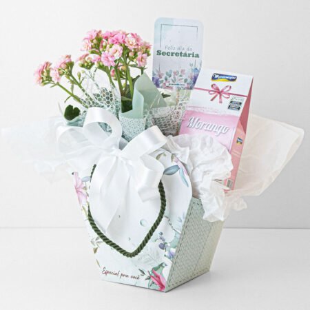 Cesta Kalanchoe P11 Rosa + Bombom Morango 55G + Tag Dia Da Secretária