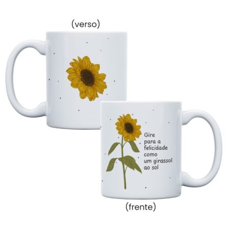 Caneca Cerâmica 325ml Branca • Girassol "Gire Para a Felicidade"