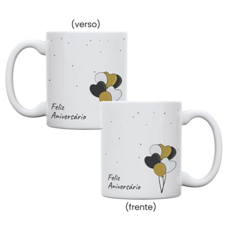 CANECA CERAMICA 325ML RETA BRANCA FELIZ ANIVERSARIO COM BALOES